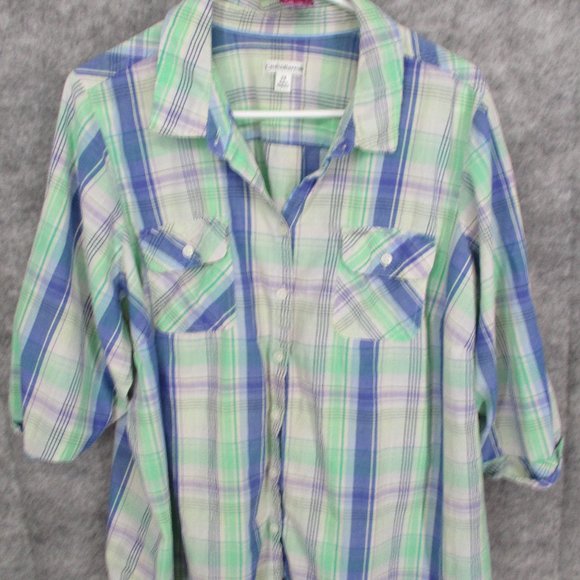 Tops - 43, Croft & Barrow Women's Top 2X Button Up Front Pocket Plaid Roll Tab Sleeve